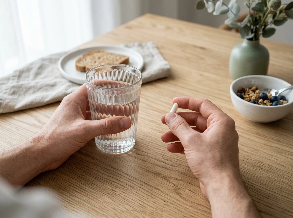 Ochtendgewoonte supplement innemen - anonieme handen capsule water